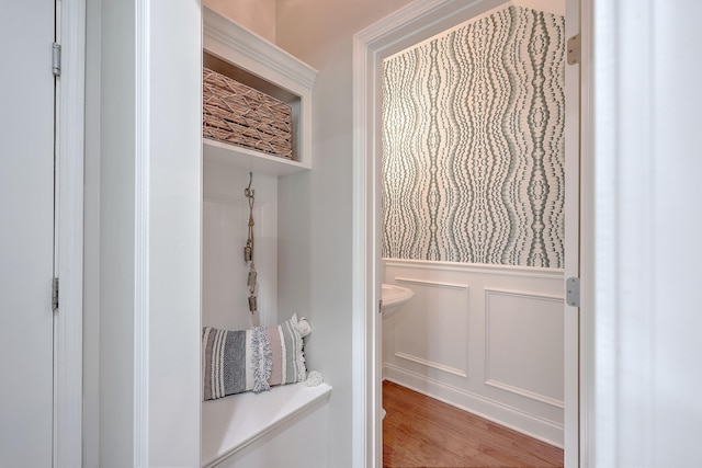 2036 Kings Gate Ln, Mount Pleasant, SC 29466 - mudroom with a decorative wall, a wainscoted wall, and light wood-style floors