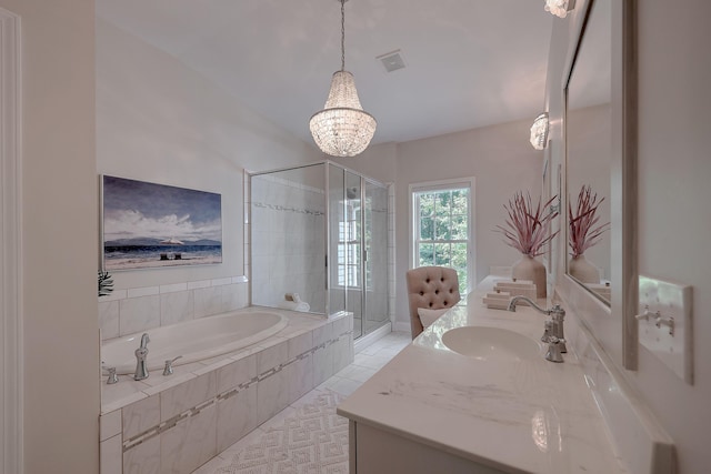 2036 Kings Gate Ln, Mount Pleasant, SC 29466 - full bathroom with tile patterned floors, a chandelier, vanity, a garden tub, and a shower stall