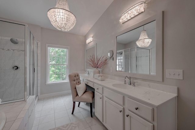 2036 Kings Gate Ln, Mount Pleasant, SC 29466 - full bathroom featuring a chandelier, double vanity, a stall shower, and tile patterned floors