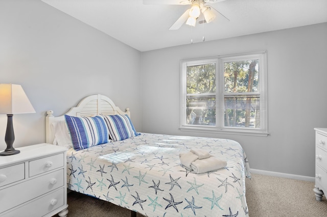 bedroom featuring dark colored carpet and ceiling fan