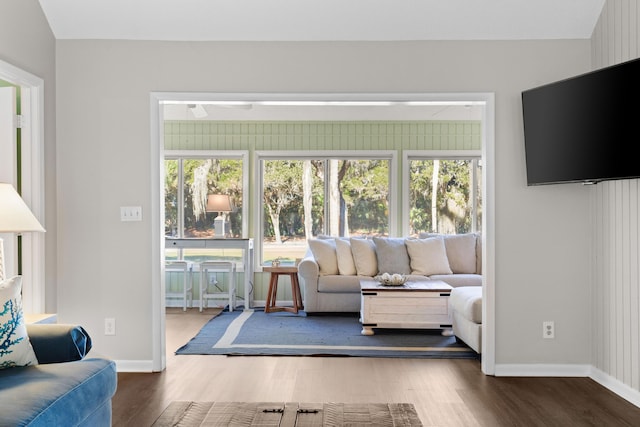 living room featuring dark hardwood / wood-style floors and a wealth of natural light