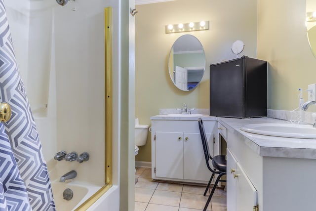 full bathroom featuring vanity, toilet, shower / tub combo with curtain, and tile patterned floors