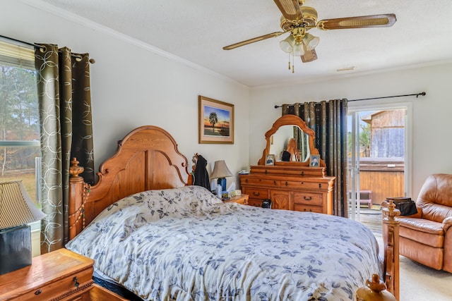 bedroom with crown molding, a textured ceiling, and ceiling fan