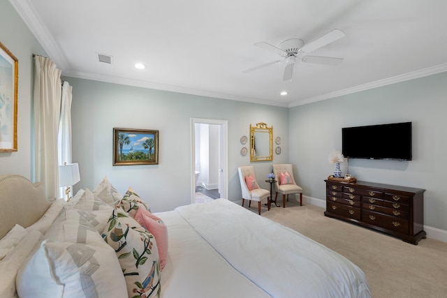 bedroom with carpet, crown molding, recessed lighting, a ceiling fan, and baseboards