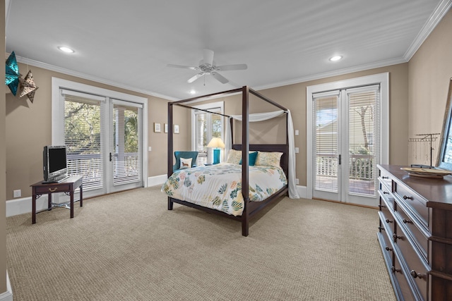 bedroom featuring french doors, light colored carpet, access to exterior, and ornamental molding