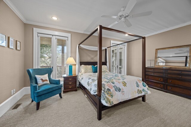 bedroom with visible vents, baseboards, ceiling fan, ornamental molding, and light carpet