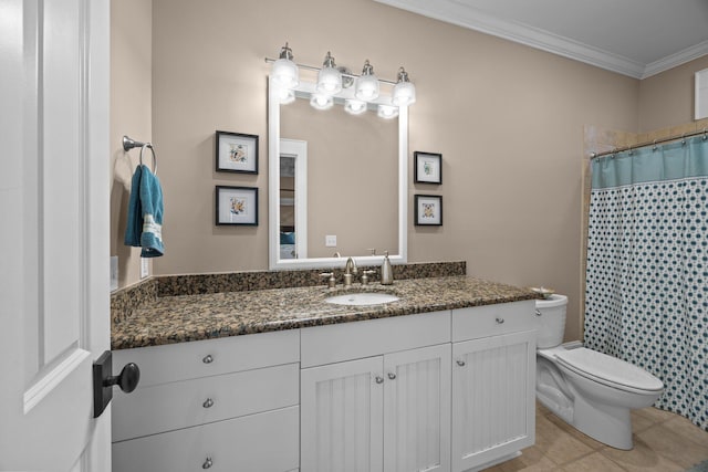 bathroom with toilet, a shower with shower curtain, crown molding, tile patterned flooring, and vanity