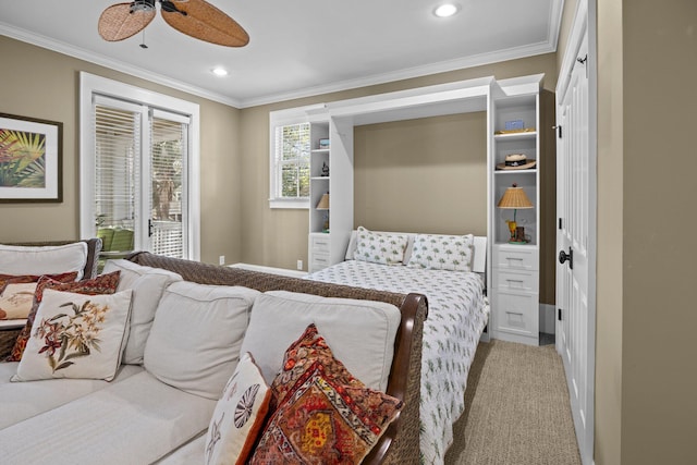 bedroom featuring ceiling fan, light colored carpet, ornamental molding, recessed lighting, and access to outside