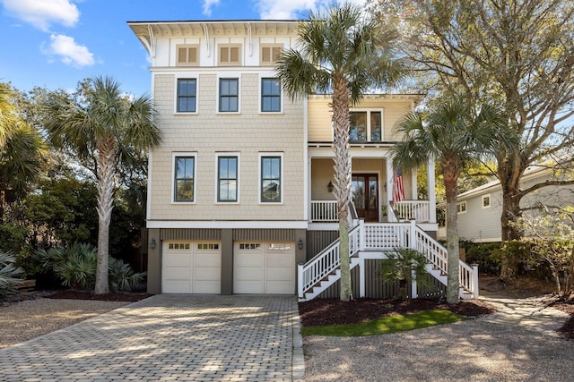 raised beach house with stairway, a porch, an attached garage, french doors, and decorative driveway