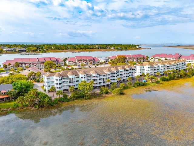 drone / aerial view with a water view