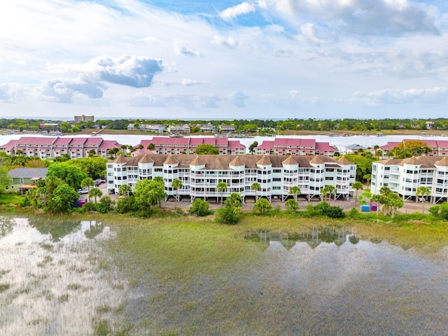 drone / aerial view with a water view