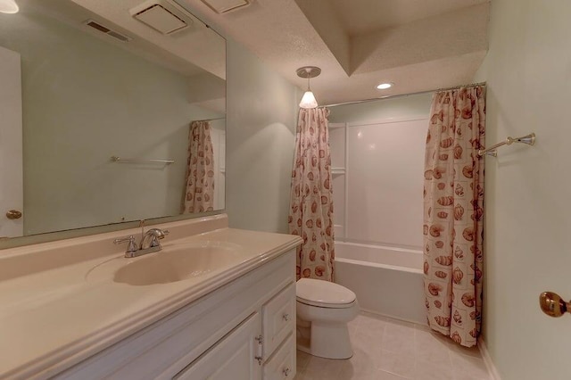 full bathroom with oversized vanity, shower / bath combo, toilet, and tile flooring