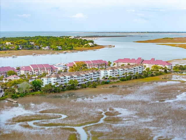 bird's eye view with a water view