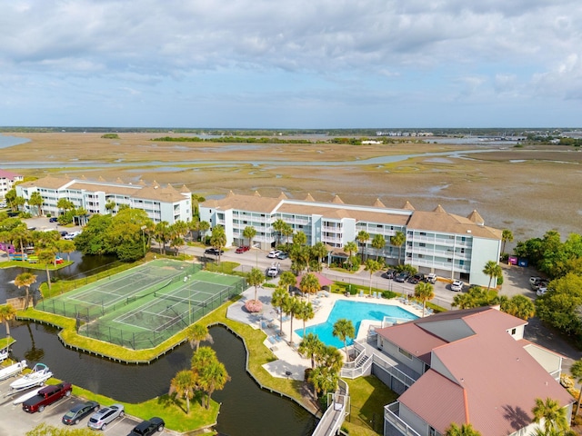 aerial view featuring a water view