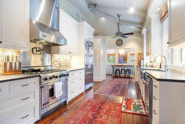 kitchen featuring tasteful backsplash, high quality appliances, dark hardwood / wood-style flooring, wall chimney range hood, and white cabinets