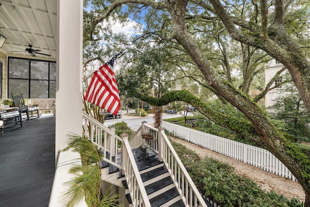 exterior space with ceiling fan and covered porch