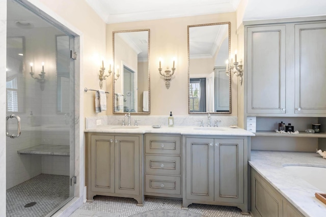 bathroom featuring crown molding, vanity, and an enclosed shower