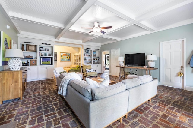 living room with beamed ceiling and ceiling fan