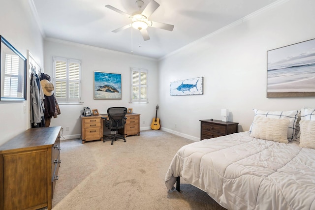 carpeted bedroom featuring multiple windows, ornamental molding, and ceiling fan