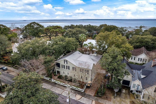 drone / aerial view featuring a water view