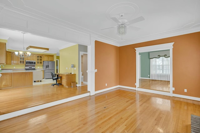 unfurnished living room with light wood-style floors, baseboards, ornamental molding, and ceiling fan with notable chandelier