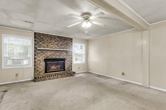 131 Wedgewood Cir, Goose Creek, SC 29445 - unfurnished living room with cooling unit, a ceiling fan, a fireplace, a textured ceiling, and carpet flooring