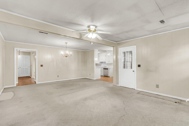 131 Wedgewood Cir, Goose Creek, SC 29445 - unfurnished living room with a ceiling fan, a chandelier, crown molding, and light colored carpet