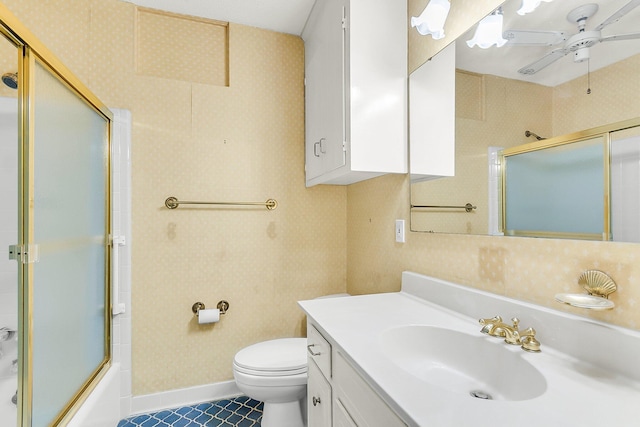 131 Wedgewood Cir, Goose Creek, SC 29445 - bathroom with vanity, a ceiling fan, wallpapered walls, combined bath / shower with glass door, and tile patterned floors