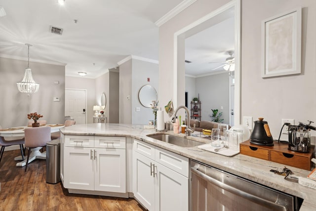 kitchen featuring visible vents, a ceiling fan, light stone countertops, a sink, and dishwasher