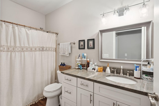 full bathroom featuring vanity, a shower with shower curtain, and toilet