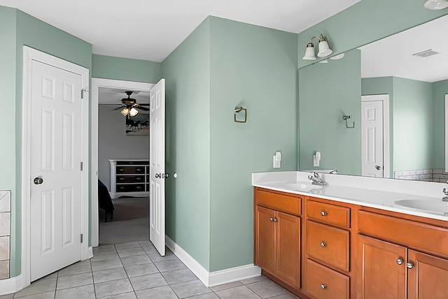 bathroom with vanity, tile patterned floors, and ceiling fan