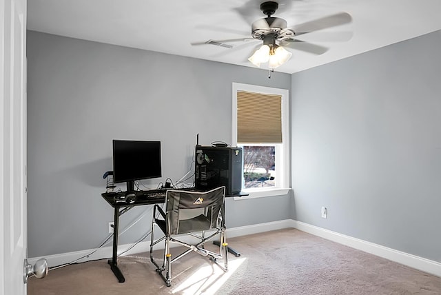 office with ceiling fan and light carpet