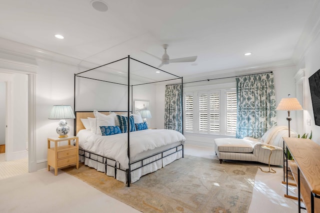 bedroom with light carpet, ceiling fan, ornamental molding, and recessed lighting