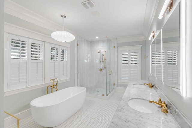 full bath featuring ornamental molding, a stall shower, a sink, and visible vents