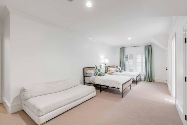 bedroom featuring baseboards, ornamental molding, recessed lighting, and light colored carpet