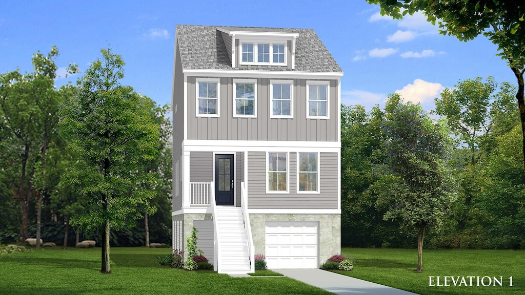 beach home featuring board and batten siding, a garage, a shingled roof, and a front lawn