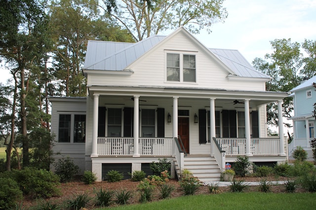 view of front of property with a porch and ceiling fan