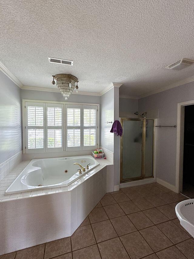 1866 Capri Dr, Charleston, SC 29407 - bathroom with healthy amount of natural light, a tub with jets, tile patterned floors, crown molding, and a textured ceiling