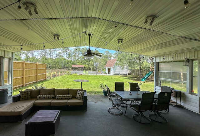 1866 Capri Dr, Charleston, SC 29407 - view of patio / terrace with a playground, outdoor lounge area, outdoor dining space, and an outbuilding
