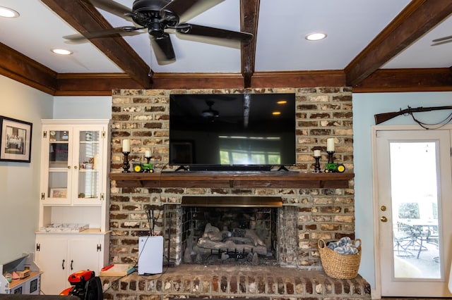 1866 Capri Dr, Charleston, SC 29407 - unfurnished living room with beamed ceiling, ceiling fan, a fireplace, and recessed lighting
