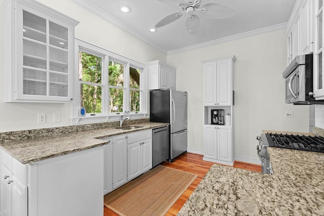 3052 Seabrook Island Rd, Seabrook Island, SC 29455 - kitchen featuring appliances with stainless steel finishes, crown molding, light wood-type flooring, a sink, and ceiling fan