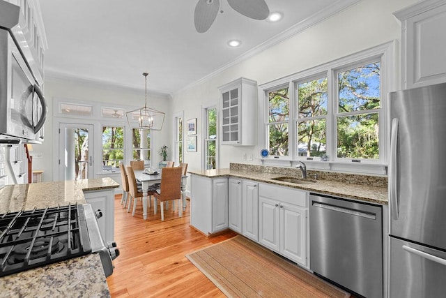 3052 Seabrook Island Rd, Seabrook Island, SC 29455 - kitchen featuring appliances with stainless steel finishes, ornamental molding, plenty of natural light, light wood-style flooring, and a sink