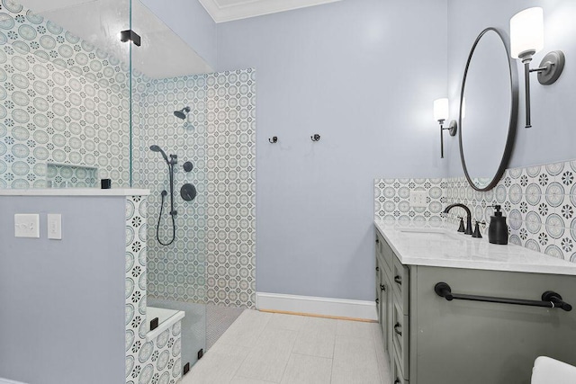3052 Seabrook Island Rd, Seabrook Island, SC 29455 - bathroom featuring a walk in shower, vanity, baseboards, and tasteful backsplash