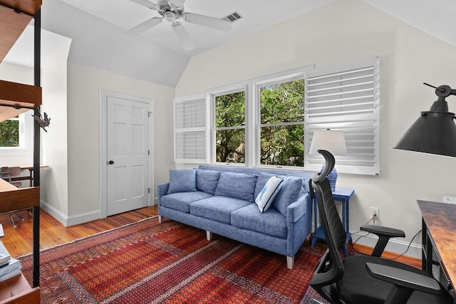 3052 Seabrook Island Rd, Seabrook Island, SC 29455 - home office with lofted ceiling, wood finished floors, healthy amount of natural light, a ceiling fan, and baseboards