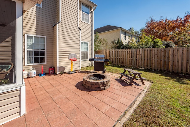 view of patio / terrace with an outdoor fire pit and a grill