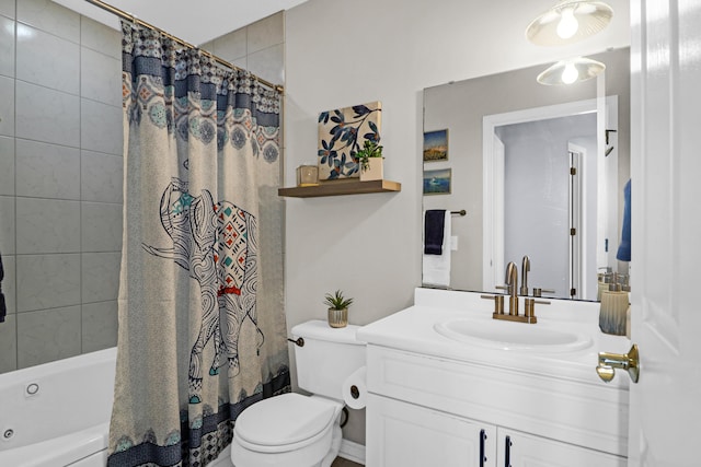 full bathroom with toilet, vanity, and shower / tub combo with curtain