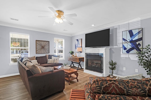 living room featuring plenty of natural light, a high end fireplace, and ornamental molding