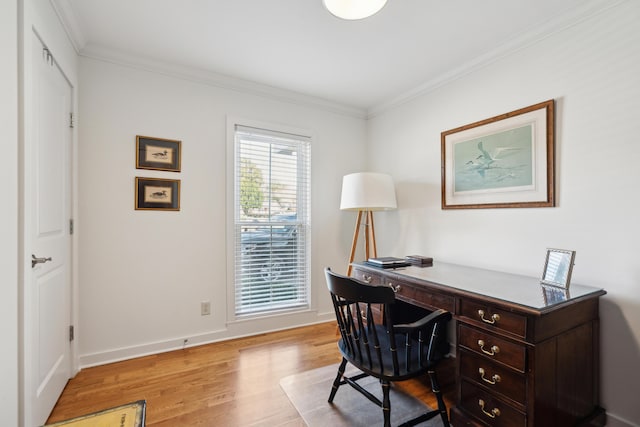 office with ornamental molding and light hardwood / wood-style floors