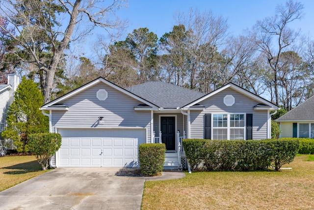 ranch-style home with concrete driveway, a garage, and a front lawn