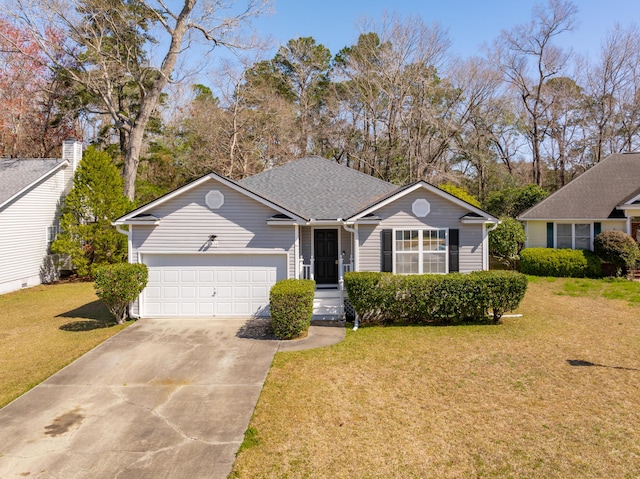 ranch-style house with an attached garage, concrete driveway, a front lawn, and a shingled roof